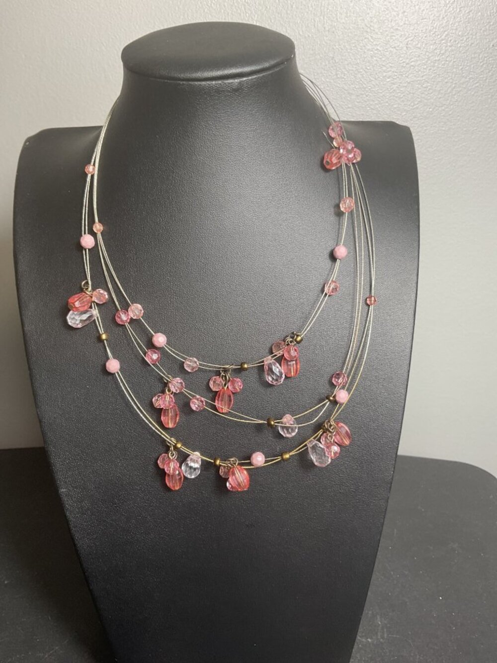 Vintage Multi Strand Pink Beaded Illusion Necklace Fairycore Whimsigoth Boho